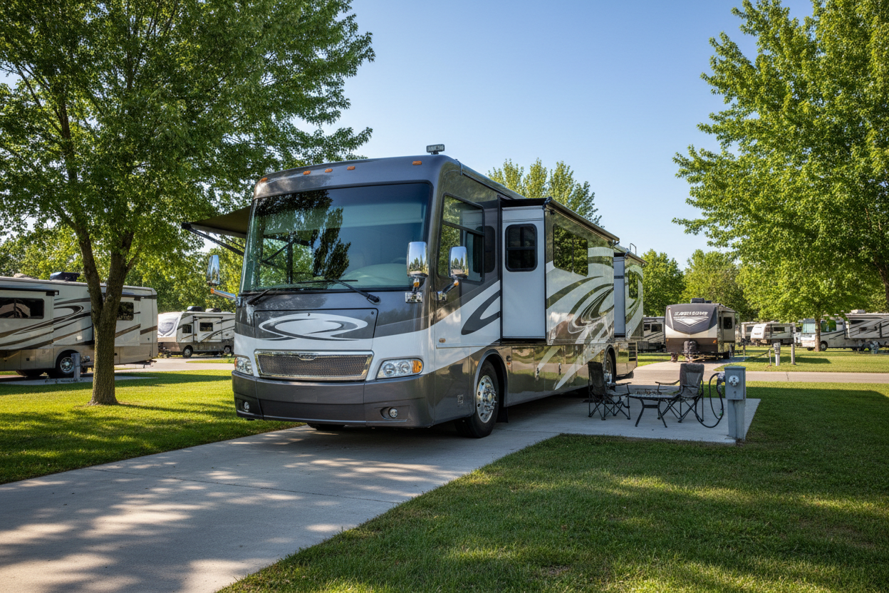 Class A motor home in an RV park